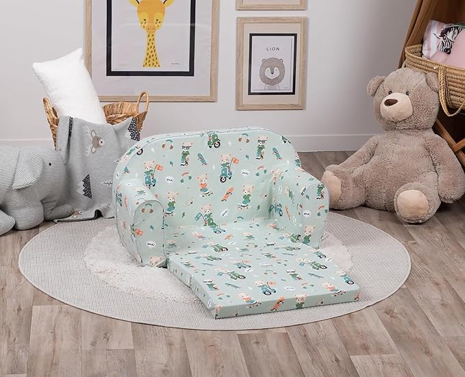 Delsit Toddler Couch & Kids Sofa - Skater Bear, Cotton Fabric, 30"W x 14"D x 17"H, Machine Washable Slipcover
