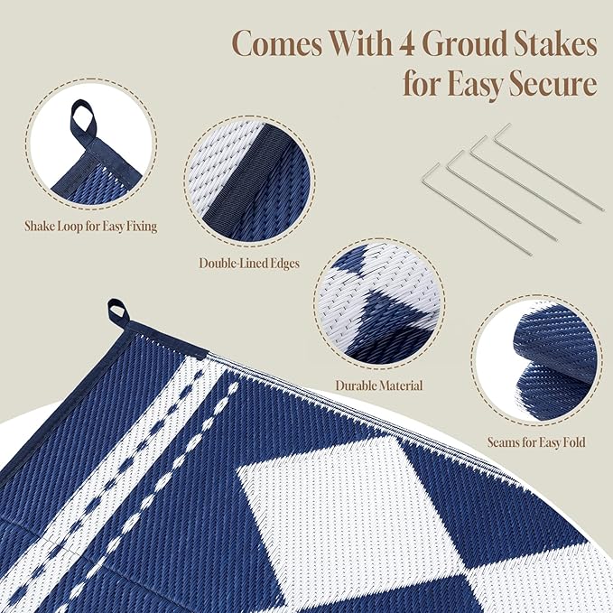 OMERAI Reversible Waterproof Outdoor Rug for Backyard,Plastic Textured Resistant Outdoors Rugs,Portable Washable Easy Cleaning Foldable Camping Beach Carpet for Patio Courtyard, 5'x8' Blue & White
