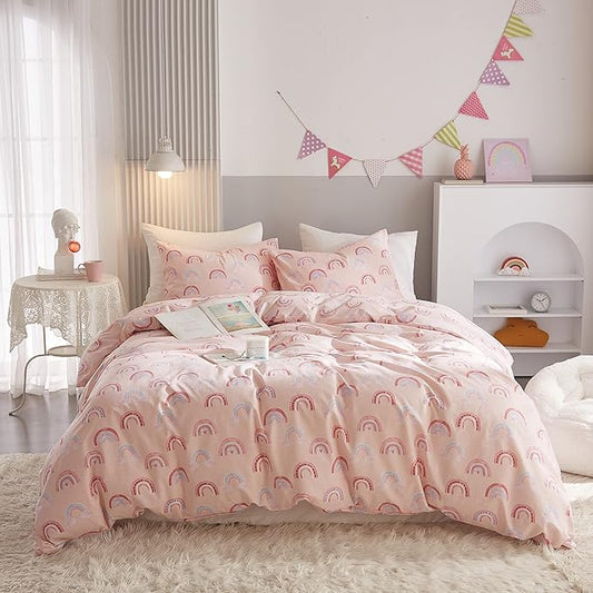 Ivellow Twin Duvet Cover Bed Set 100% Cotton Rainbow Pink for Girls Cute Kawaii Bedding Set 3 Pcs Ultra Soft Breathable Toddler Teen Kids Patterned Cartoon Comforter Cover.