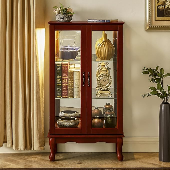 Goujxcy Lighted Curio Cabinet, Modern Floor Standing Glass Curio Cabinet Display Case Cabinet with Adjustable Shelves, Mirrored Back Panel and Tempered Glass Doors for Home/Office (Cherry)