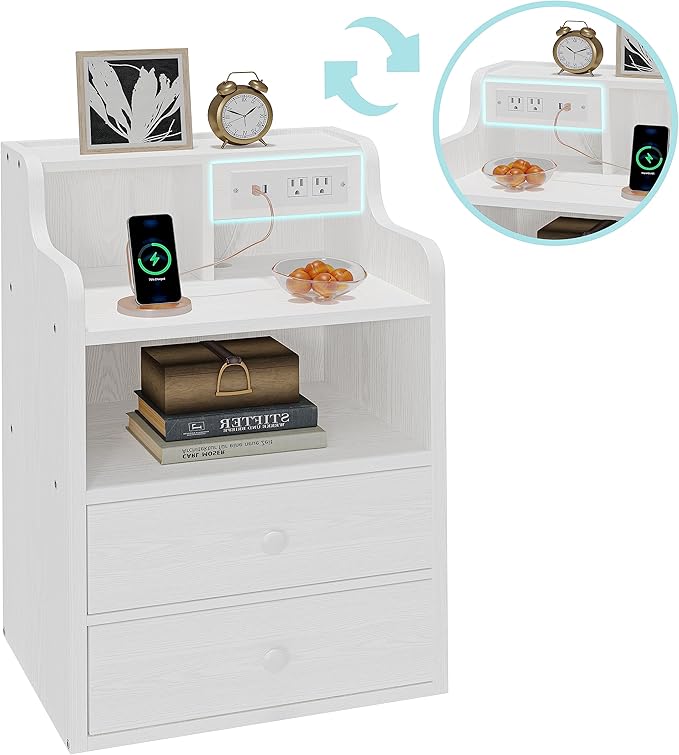 LIKIMIO White Nightstand with Charging Station 2 Drawers and Storage Shelves, Left and Right Interchangeable Sockets Bed Side Table Night Stand with Drawer