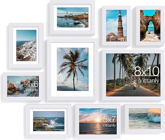 Vittanly 10 Pack Picture Frames Collage Wall Decor, Gallery Wall Frame Set for Wall or Tabletop Display, Engineered Wood and Shatter-resistant Plexiglass, Multi Sizes with 8x10, 5x7, 4x6 Frames, White