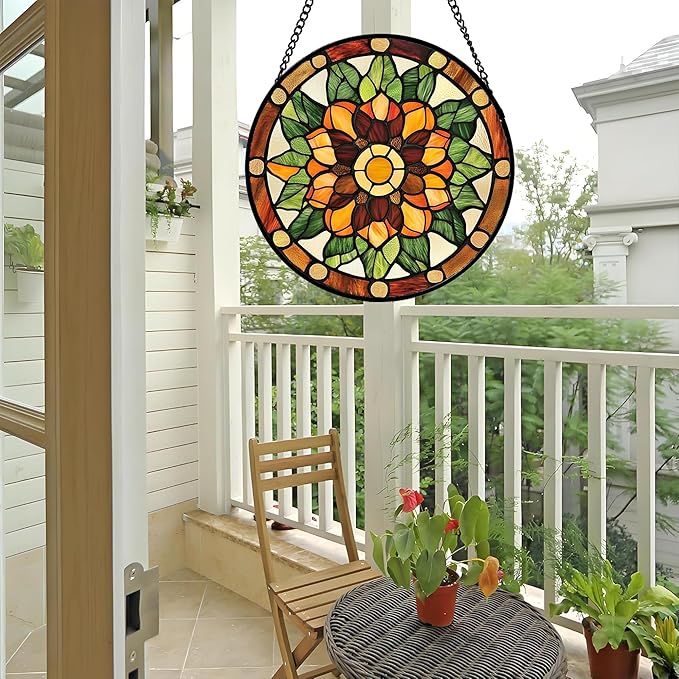 Stained Glass Window Hanging - Yellow Green Boho Style Flowers Sun Catcher for Door Garden Home Decor Suncatcher Christmas Mother's Day Birthday Gifts for Women Mom Girl Nana Friend 9.8 in