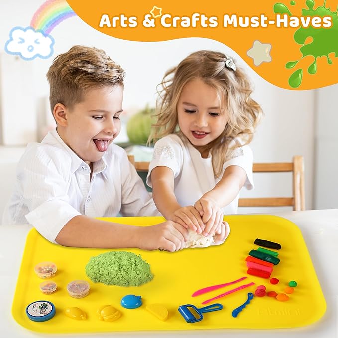 Silicone Craft Mats for Kids 24"x16"– with Raised Lip & Non-Slip | Reusable Silicone Art Mat for Play Sand, Painting, DIY Crafts | Durable Design (Yellow)