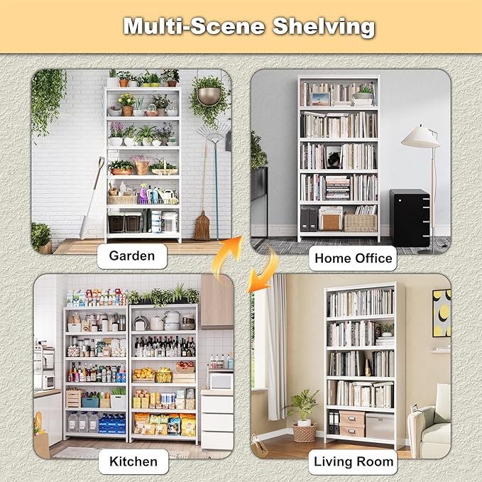 5-Tier Bookshelf, White Bookshelf with Storage Shelves, Metal Bookshelves, 69" Tall Bookcase for Living Room, Library, Office, Bedroom, Including Book Stopper,Simple Assembly
