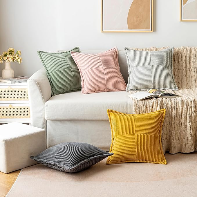 MIULEE Decorative Throw Pillow Covers for Couch Bed Livingroom 16x16 Inch Set of 2 Light Olive Green Boho Accent Throw Pllows Broadside Striped Patchwork Soft Corduroy Summer Pillowcases