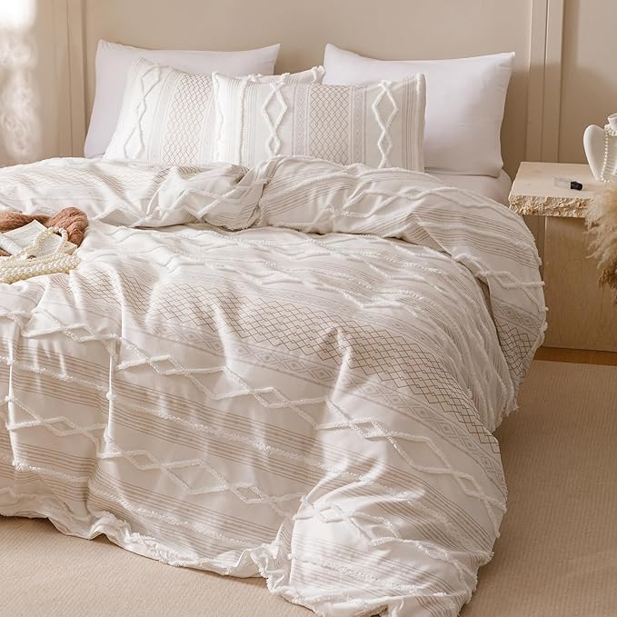 Boho Beige Comforter Full Set Striped Comforter 3 Pieces Tufted Geometric Bedding Set Soft Fluffy Geometric Pattern Bedding for All Seasons