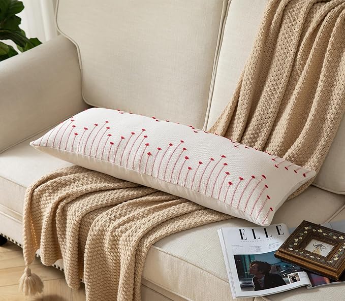 Christmas Lumbar Pillow Cover 14x36 Long Pack of 1 Decorative Pillows Bed, Beige with Red Body Throw Pillow Covers, for Modern Farmhouse Sofa Bedroom Living Room Home Decor Couch Pillowcase
