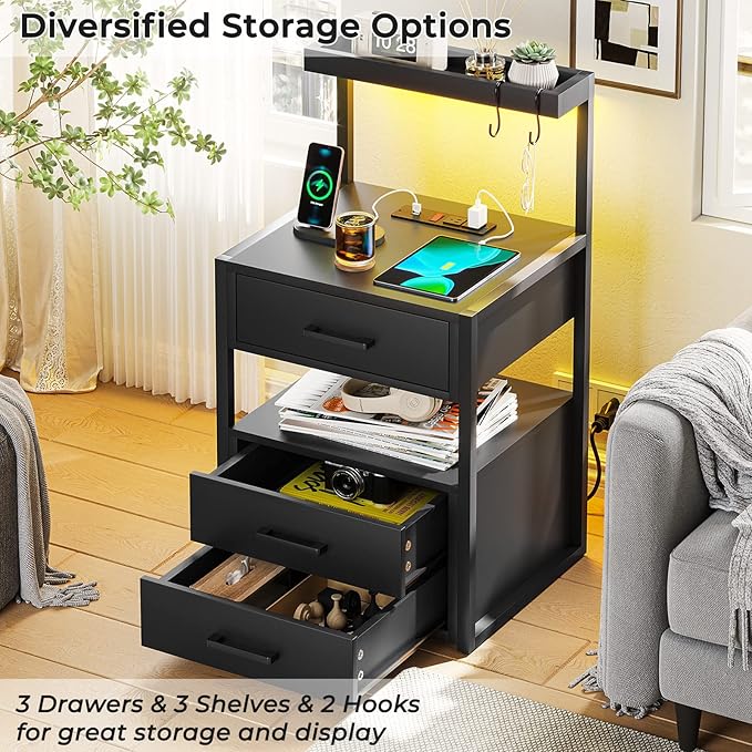AOGLLATI Nightstand Set of 2 with Charging Station and LED Lights, Bedside Table with 3 Drawers and Open Storage Shelves, 2 USB Ports and 2 AC Outlets, LED Night Stand for Bedroom, 2 Pack, Black