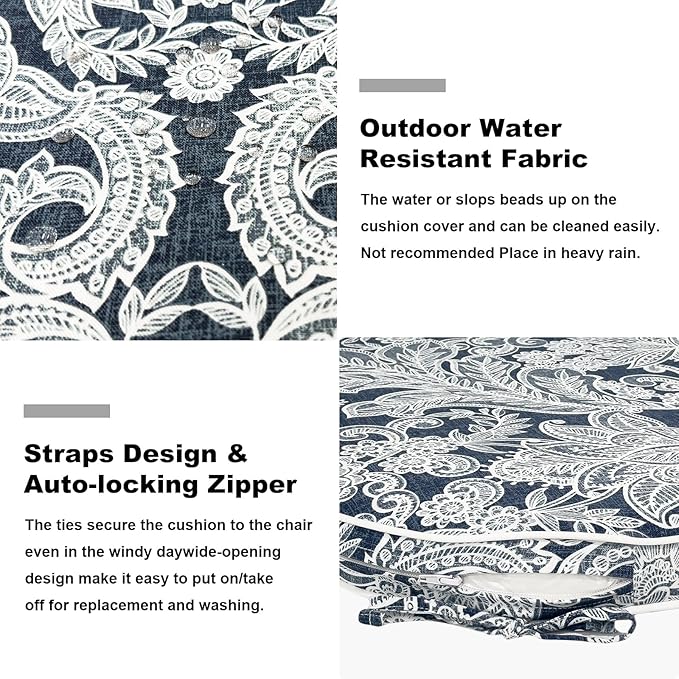 Set of 4 Outdoor Chair Cushions 19"x19"x2",Water Repellent Dining Seat Cushion with Ties and Removable Covers, Chair Cushions for Indoor and Patio Furniture, Damask Lapis