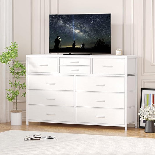 Jojoka Wide 10 Drawer Dresser,TV Stand Entertainment Center Fabric Storage Dressers Drawers for Bedroom, Hallway, Nursery, Closets, Steel Frame, Wood Top (White)