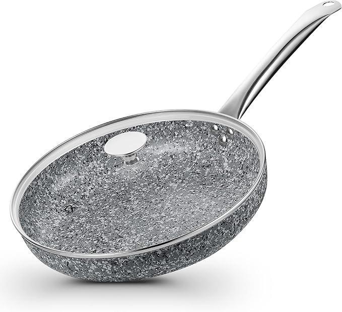 KOCH SYSTEME CS 11" Grey Non stick Granite Stone Frying Pan with Lid, Toxin-free Granite Nonstick Coating Cookware, Ultra Nonstik Skillet with Stainless Steel Handle, Oven Safe&All Stovetop Compatible