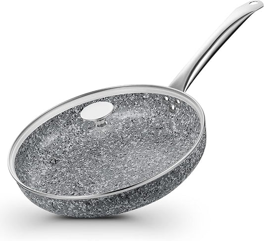 KOCH SYSTEME CS 11" Grey Non stick Granite Stone Frying Pan with Lid, Toxin-free Granite Nonstick Coating Cookware, Ultra Nonstik Skillet with Stainless Steel Handle, Oven Safe&All Stovetop Compatible