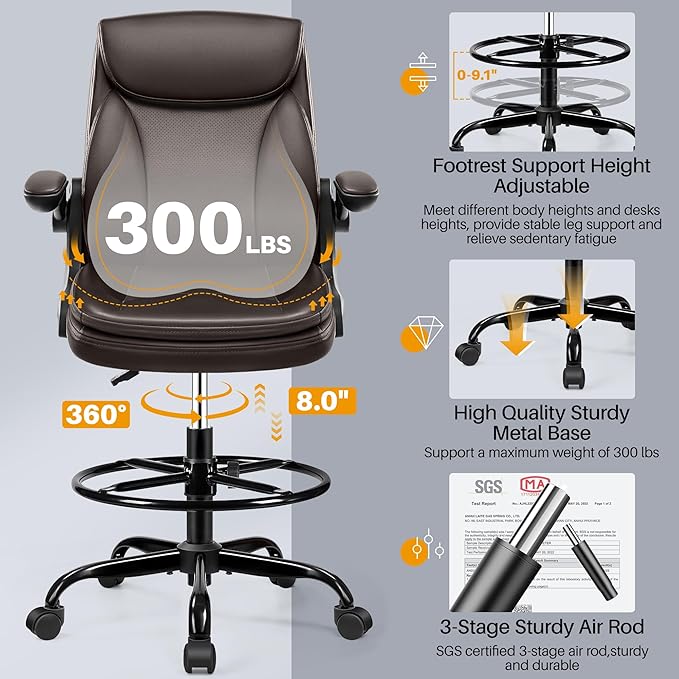 Drafting Chair Tall Office Chair Leather Executive Office Chair with Adjustable Foot Ring Flip Up Armrest - Comfy Ergonomic Desk Chairs with Lumbar Support for Office Home Studio - Brown