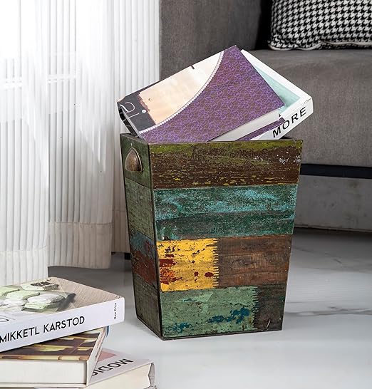 TIMRIS Small Wood Trash Can Wastebasket, Farmhouse Rectangular Garbage Can Waste Basket, Rustic Distressed Boho Wooden Trash Recycling Bin with Metal Handles, Reclaimed Wood Storage Basket (Random)