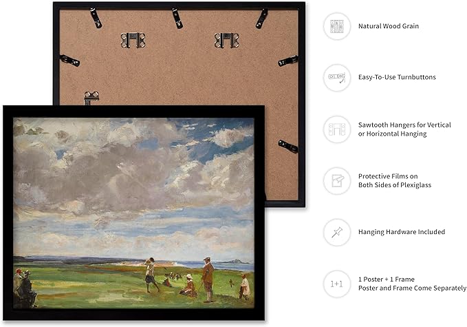 Poster Master Vintage Lady Astor Playing Golf at North Berwick Painting Poster - Retro Golf Course Print - Golf Art - Sports Art - Landscape Art - Office or Living Room Decor, 8x10 Black Framed