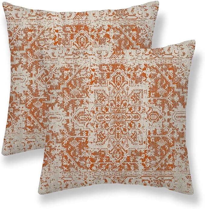 Fall Pillow Covers 16x16 Set of 2, Burnt Orange Boho Decorative Throw Pillows Ethnic Vintage Farmhouse Bohemian Carpet Pattern Pillow Cases Linen Gifts for Couch Sofa Outdoor Decor