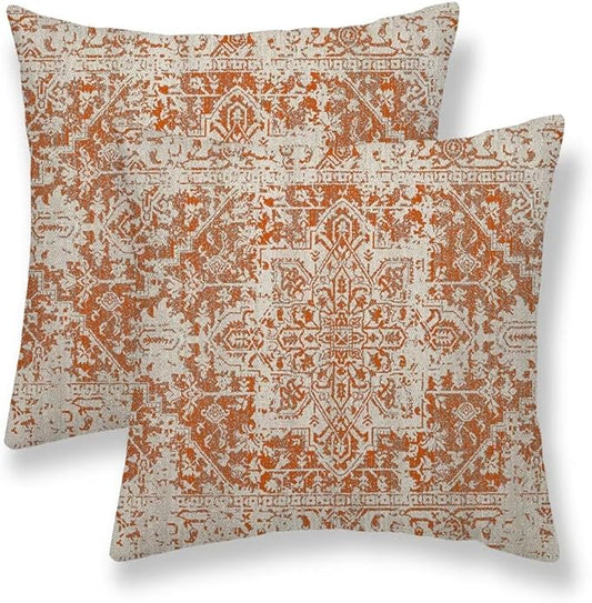 Fall Pillow Covers 16x16 Set of 2, Burnt Orange Boho Decorative Throw Pillows Ethnic Vintage Farmhouse Bohemian Carpet Pattern Pillow Cases Linen Gifts for Couch Sofa Outdoor Decor