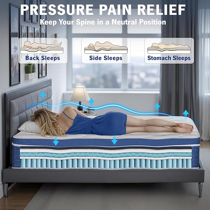 Queen Size Mattress in a Box 14 Inch Memory Foam Hybrid Mattress with Pocketed Springs Medium Firm Support Motion Isolation Edge Support 180 Night Trial
