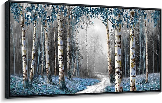 Large Canvas Wall Art Framed - Gray Blue Tree Abstract Canvas Painting Textured Picture, Modern Landscape Artwork Framed for Living Room Bedroom Bathroom Office Home Decor 58"x29"