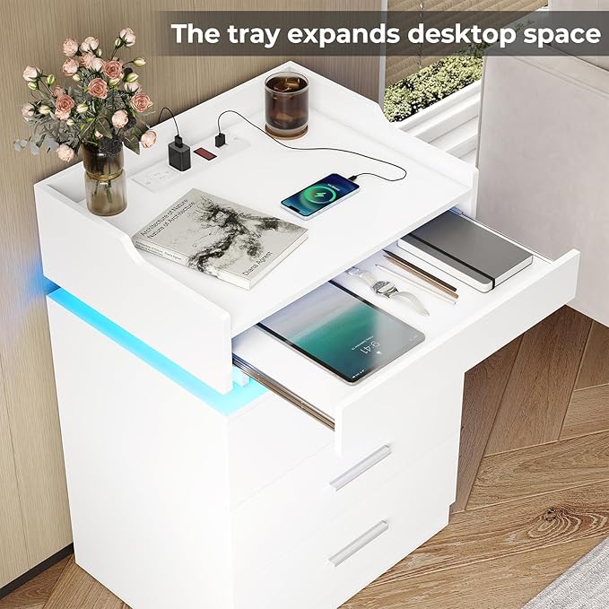 LED Nightstand Set of 2, Large Night Stand with Charging Station, Bedside Table with Pull-Out Shelf and 3 Drawers, Modern End Table Side Table with Storage, White