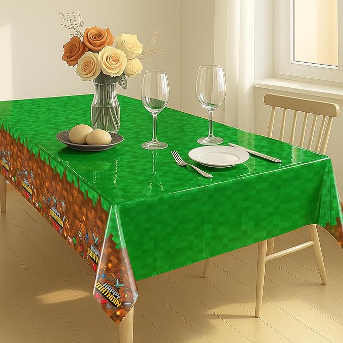 4Pcs Pixel Miner Party Decorations Tablecloth, 54" x 108" Gamer Birthday Tablecloth Disposable Plastic Pixel Gaming Birthday Decorations Table Cover for Kids Gamer Party Supplies