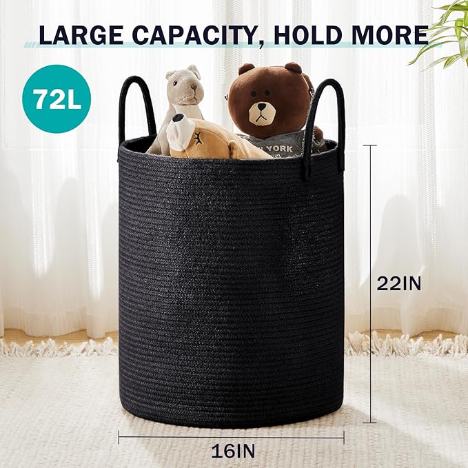 Woven Rope Laundry Hamper Basket, 72L Tall Luandry Basket, Baby Nursery Hamper for Blanket Storage in Bedroom-Large- Black
