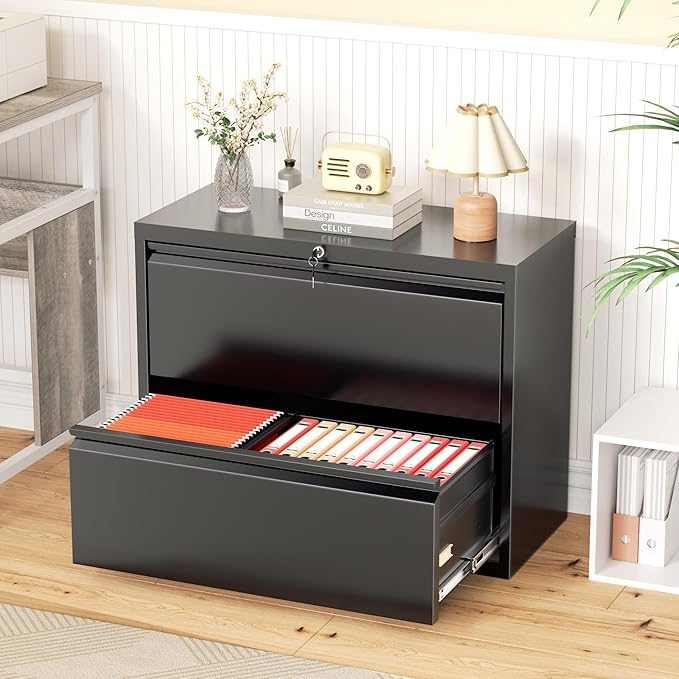 Greenvelly Lateral File Cabinet 2 Drawer, Lockable Metal Filing Cabinet for Home Office, Black Metal File Cabinet with Lock for Legal/Letter/A4/F4 Size with Hanging Bars&Key
