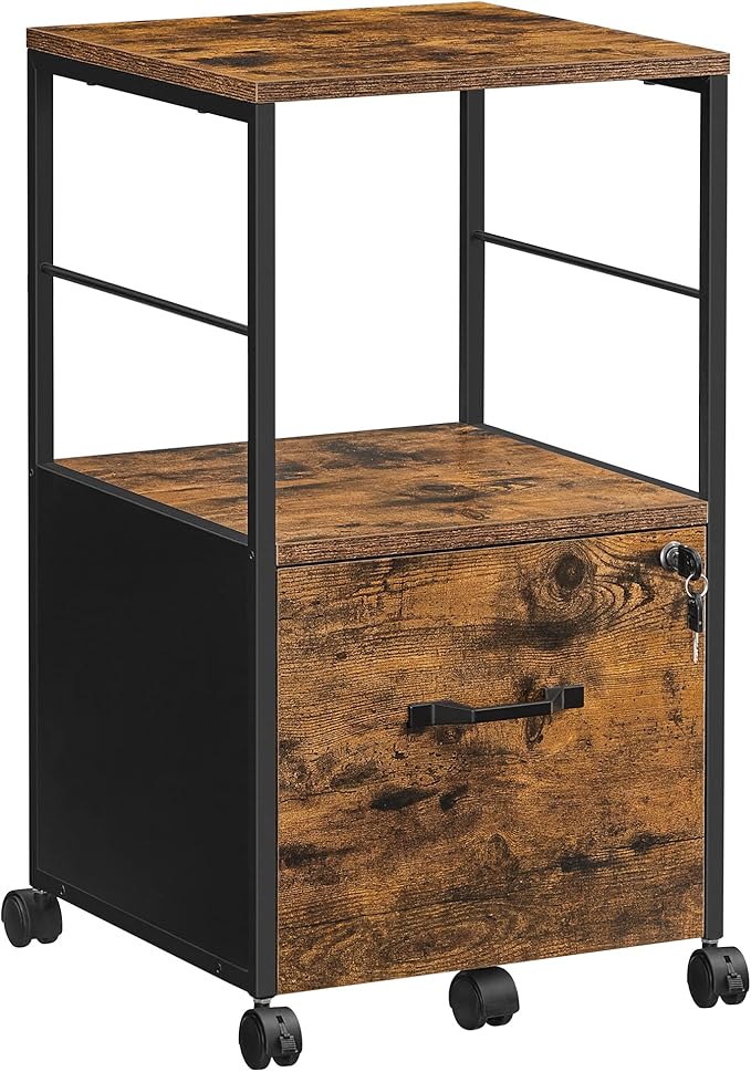 VASAGLE 1 Drawer File Cabinet with Lock, Printer Stand, Office Filing Cabinet Organizer, for A4 and Letter Size Documents, Rustic Brown and Black UOFC044B01