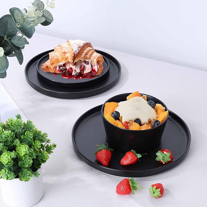 Herogo 24 Pieces Stoneware Dinnerware Set, Service for 8, Dinner Plates and Bowls Sets, Double Reactive Glaze Dishes Set for Kitchen, Scratch Resistant, Dishwasher Safe, Matte Black