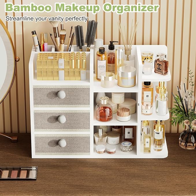 Bamboo Makeup Organizer Countertop With Brush Holder Drawer For Vanity,Large Bathroom Counter Organizers And Storage,Cosmetic Skincare Perfume Organizer,Easy To Store Nail Polish, Lipstick, Eyeshadow