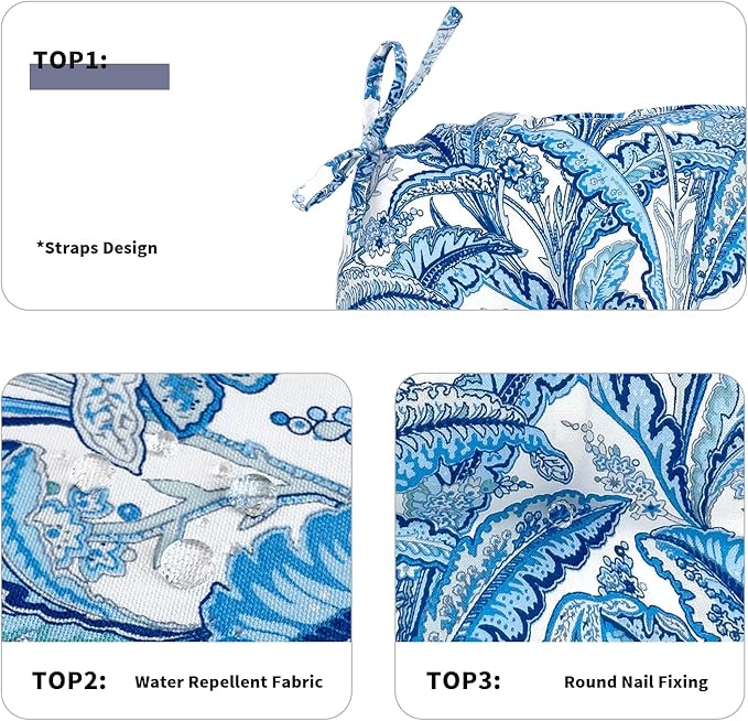 Set of 2 Outdoor Tufted Chair Cushions 19"x19"x4", Water Repellent Patio Seat Cushions with Ties, Replacement Chair Pads for Wicker Dining and Patio Furniture - Monotone Leaves Blue