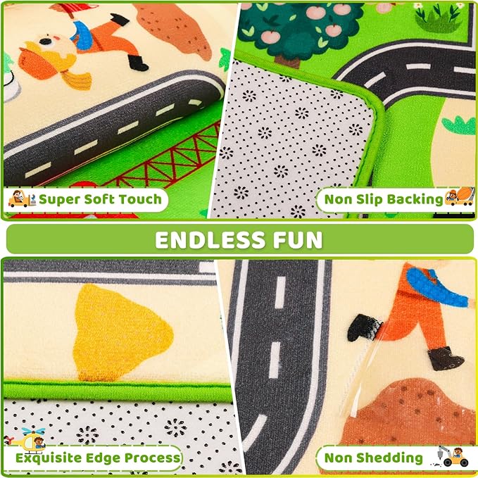 Kids Rug Play Mat for Toy Cars, 59"×39.4" Construction Site Road Traffic for Playroom Kids City Engineering Car Road Play Mat Non-Slip Washable Carpet Toddlers Boys Room Family Playtime