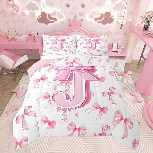 jejeloiu Kids Girls Cute Pink Bow Comforter Set Queen Size Monogrammed Bedding Set Ultra Soft Personalized Initial J Duvet Quilt Coquette Bow Knot Quilt Set Room Decor Modern Fashion Comforter