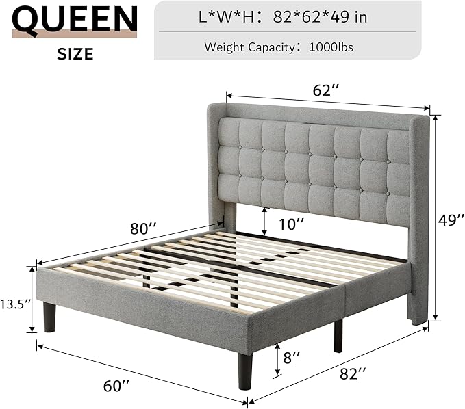 iPormis Queen Bed Frame with Charging & Storage, Upholstered Platform Bed with Button Tufted Wingback Headboard, Heavy-Duty Foundation, No Box Spring Needed, Light Grey