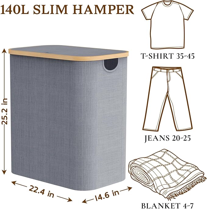 Foldable Laundry Hamper with Lid, Double Laundry Hamper, 2 Section Extra-large Laundry Basket with Bamboo Handles for Bathroom, Bedroom & Laundry Room, 140L Grey