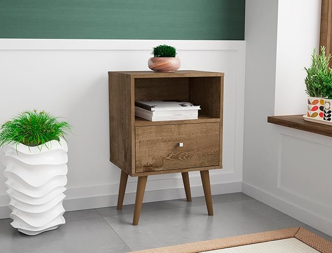 Manhattan Comfort Liberty Mid Century Modern Nightstand with Drawer and Cubby, Bedside Table for Bedroom and Living Room, Night Stand Accent Decor, Easy Assembly, Rustic Brown