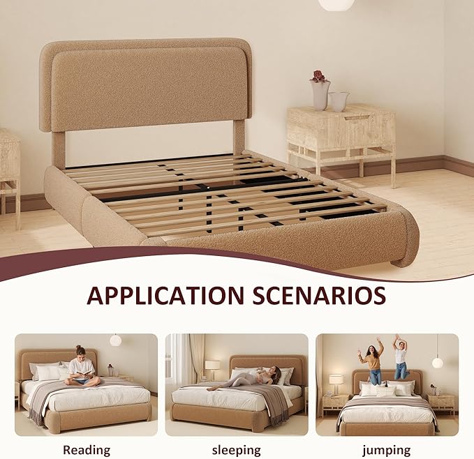 Queen Boucle Platform Bed Frame with Height Adjustable Headboard, Modern Upholstered Cloud Bed, Sleek Curved Design, No Box Spring Needed, Easy Assembly, Noise Free, Camel