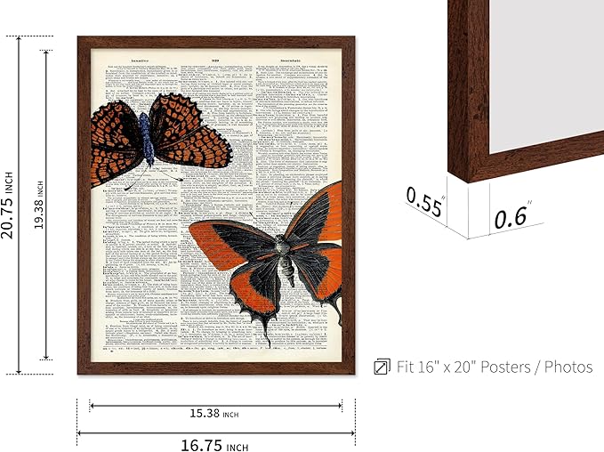 Poster Master Dictionary Art Poster - Butterflies Print - Moth Art - Butterfly Art - Insect Art - Gift for Men, Women & Animal Lover - Chic Decor for Living Room or Bedroom, 16x20 Brown Framed