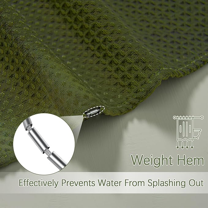 Waffle Shower Curtain Deep Green, Stall Shower Curtain, Heavy Duty Fabric Shower Curtains, Hotel Quality Bathroom Army Green Shower Curtains, 60 x 72 Inches