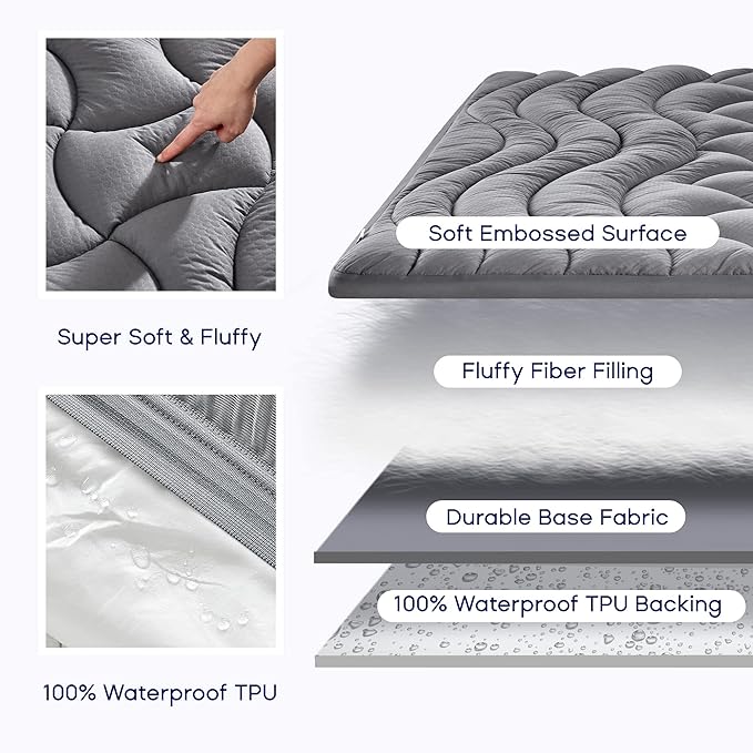 SLEEP ZONE Grey Waterproof Mattress Pad Twin XL College Dorm Bedding, Premium Soft Embossed Mattress Topper, Quilted Fitted Mattress Protector Cover with Elastic Deep Pocket (Grey, Twin XL)