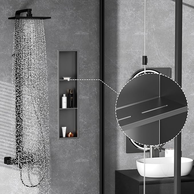 Stainless Steel Shower Niche 8" X 36", No Tile Needed Three-Tier Wall Niche, Recessed Shower Shelf for Bathroom Storage, Gun Metal