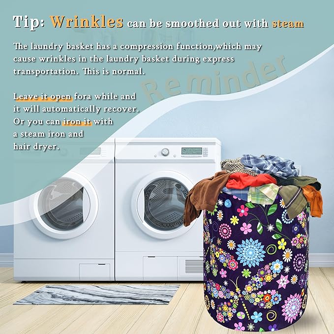 Colorful Hippie Flowers Dargonfly Laundry Basket Foldable Oxford Cloth Laundry Hamper With Handle Portable Clothes Storage Basket 18.9 X 16.5 Inch Storage Bag For Laundry Room/Bathroom/Bedroom