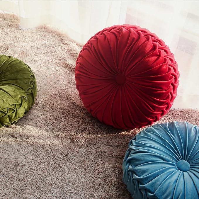 HIG Set of 2 Pink Ruched Velvet Round Throw Pillows – 14.5’’ Decorative Pillows with Soft Polyester Filling for Couch, Bed, Living Room, Bedroom, or Dorm – Handmade, Stress Relieving, All-Season