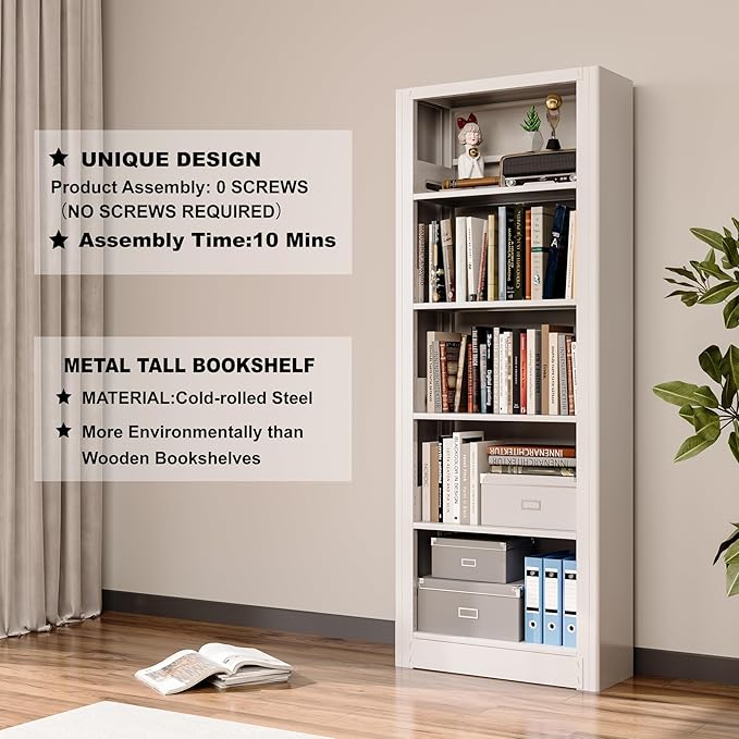 Book Shelf,5-Tier White Bookshelf, Office Bookcases and Bookshelves,Tall Metal Storage Organizer,Freestanding Bookshelf for Library,Living Room,Home Office (W:27.6")