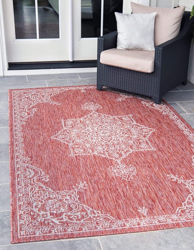Unique Loom Outdoor Traditional Collection Area Rug - Antique (9' x 12' 2" Rectangle, Rust Red/ Gray)