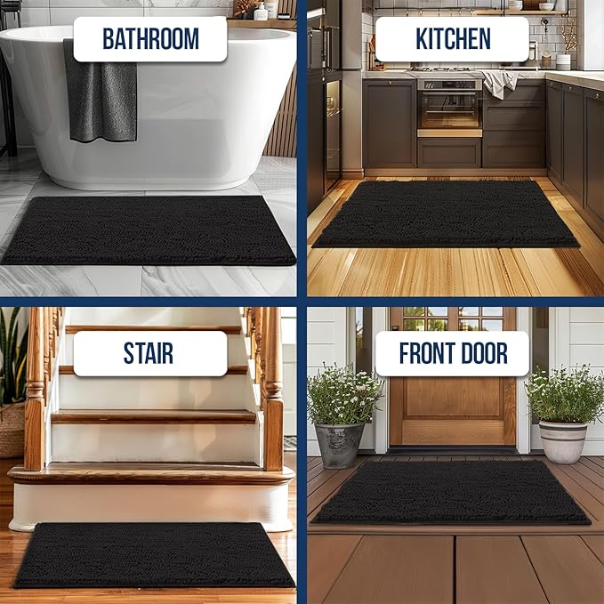 Muddy Mat Chenille Bathroom Rugs Quick Dry Microfiber Mats Non Slip Washable, Extra Thick, Soft and Highly Absorbent Bath Mats for Bathroom, Kitchen, and Shower Floor - Black Medium 30"X19"