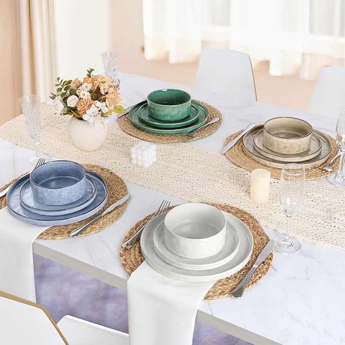 LIANYU 12 Piece Dinnerware Sets, Stoneware Tableware Dish Set for 4, Plates and Bowls Dishware for Dinner Dessert Pasta, Chip & Scratch Resistant, Multi-color