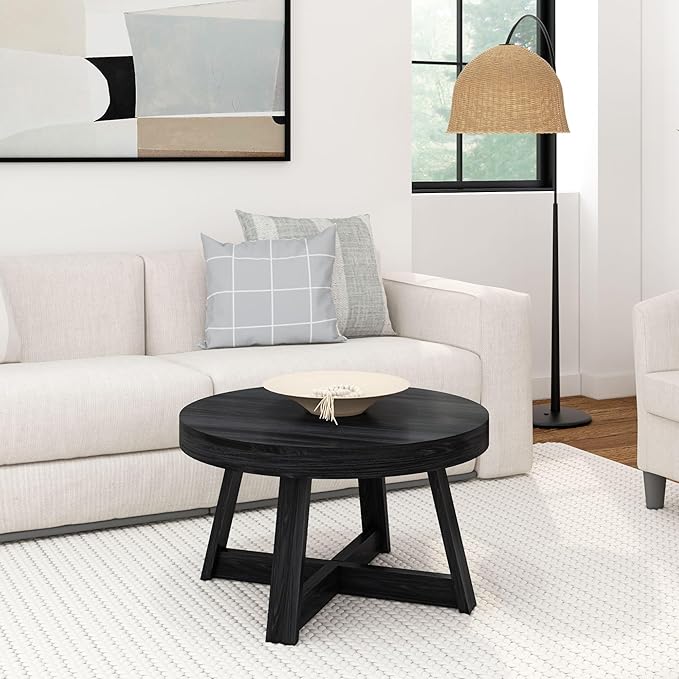 Plank+Beam Classic Round Coffee Table, 30 Inch Farmhouse Coffee Table, Mini Center Tables for Small Spaces, Small Living Space Tea Table, Black Wirebrush