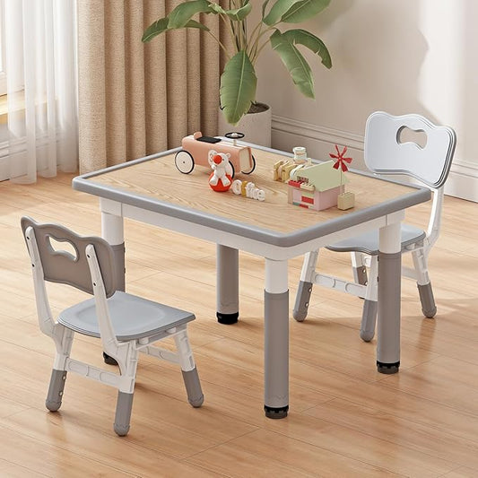 Toddler Table and 2 Chairs, Kids Table and Chair Set Height Adjustable, 31.5''L x 23.6''W Multifunctional Graffiti Desktop for Reading, Drawing, Eating, for Girls & Boys Age 2-10, Grey-02